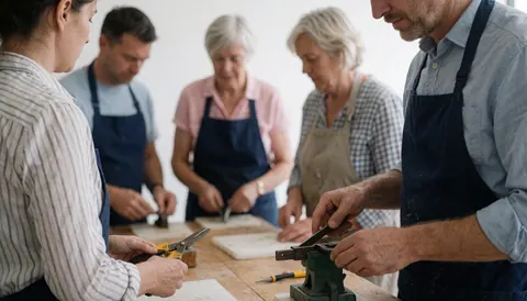 Groupe d'adultes travaillant avec des outils dans un atelier de métal, montrant le processus de fabrication de pièces métalliques.