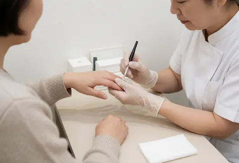 Manuciste en gants effectuant un traitement sur la main d'une cliente dans un salon épuré avec table et pinceau.