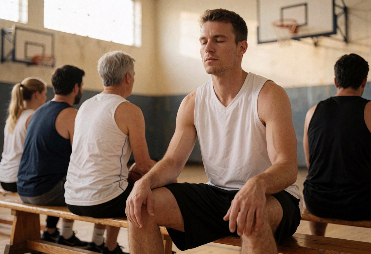 Un joueur de basket-ball est assis calmement sur un banc en bois dans une salle de sport, avec des ballons visibles en arrière-plan.