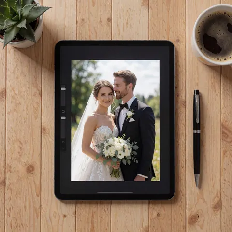 Tablette affichant des photos de mariage sur une table en bois clair avec un stylo et une tasse de café, idéale pour les photographes de mariages.