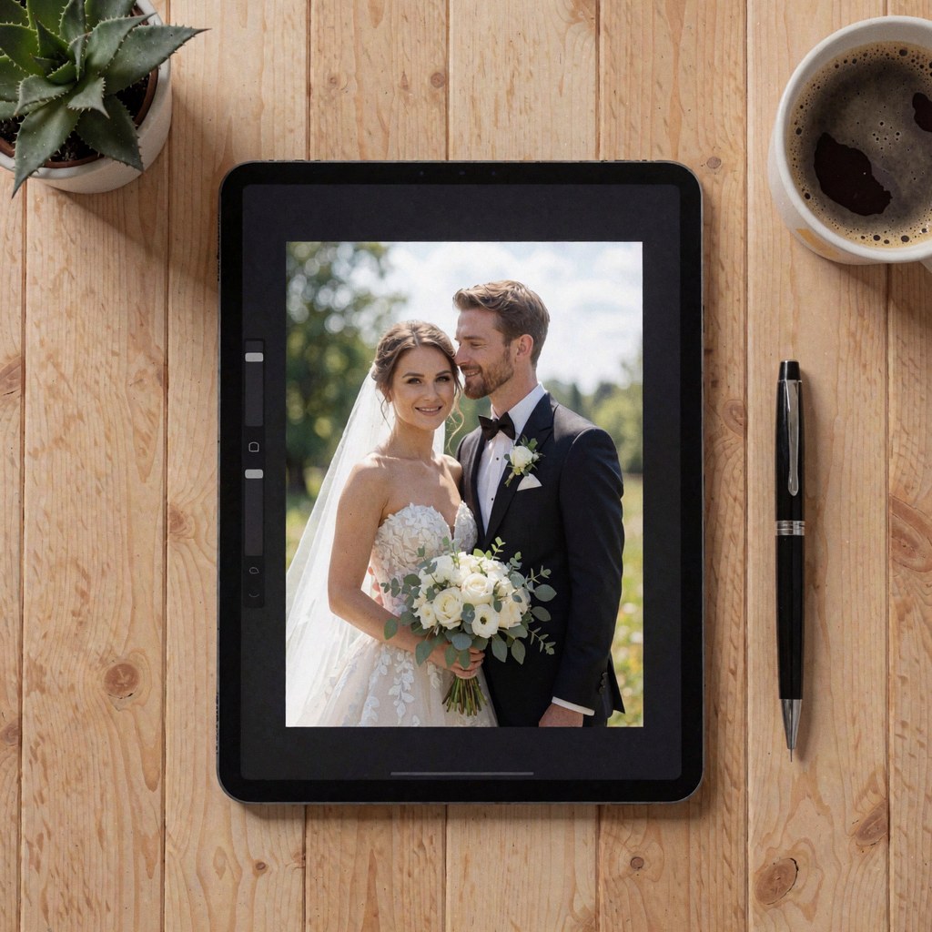 Tablette affichant des photos de mariage sur une table en bois clair avec un stylo et une tasse de café, idéale pour les photographes de mariages.