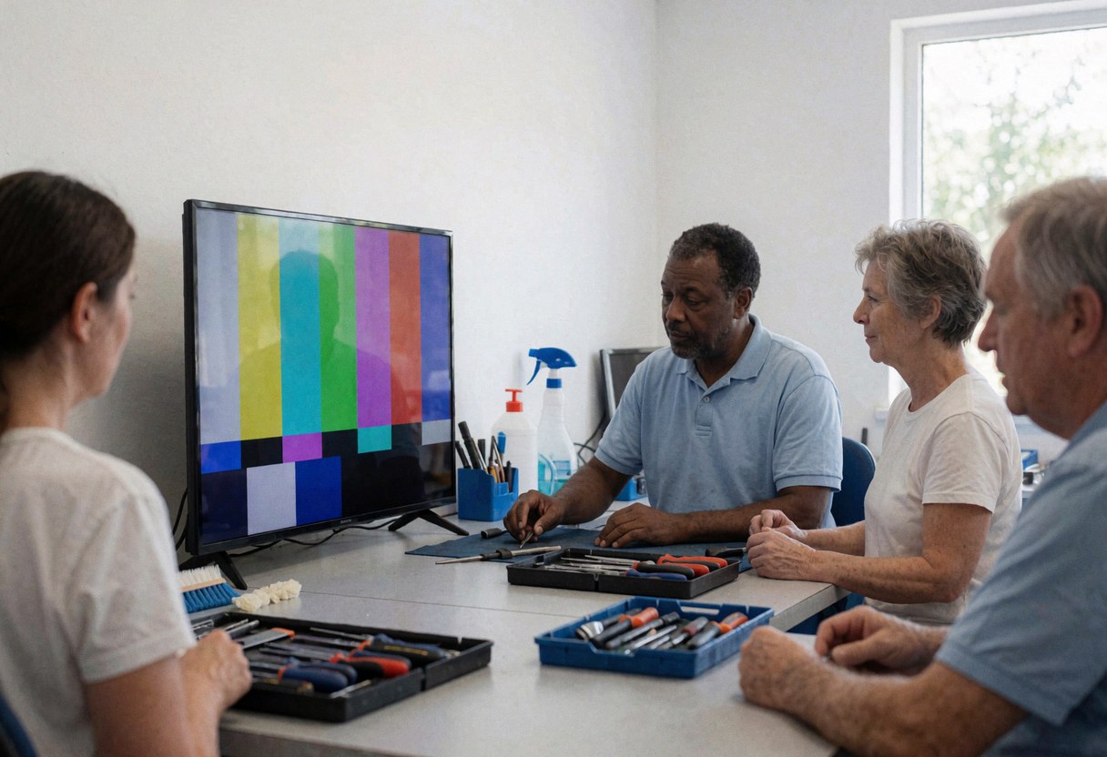 Un technicien répare un téléviseur en utilisant un générateur de test pendant que des clients observent dans un atelier de réparation.