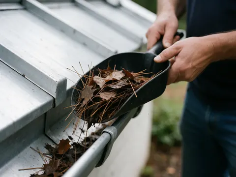 Une main utilise une pelle noire pour nettoyer les feuilles et aiguilles d'une gouttière en aluminium lors d'un service de réparation de toiture.
