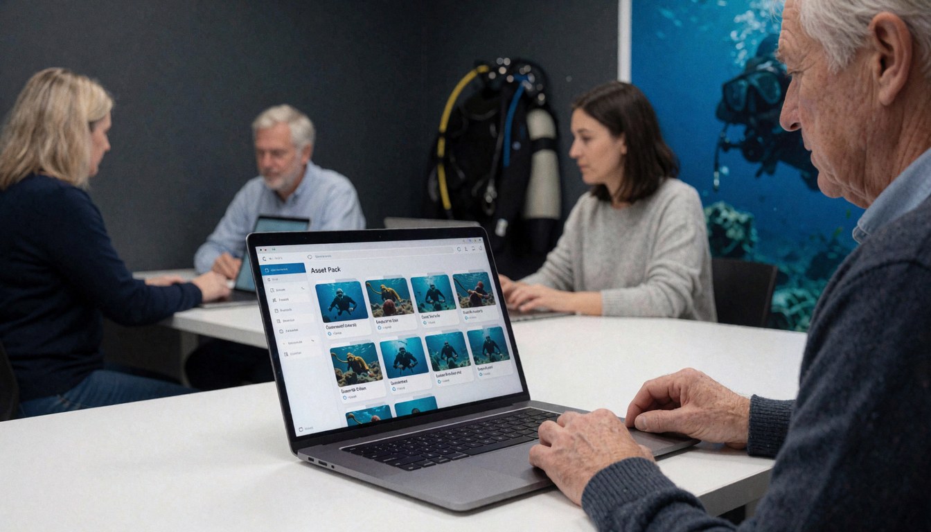 Une équipe professionnelle travaille dans un bureau aux murs gris, entourée d'équipements de plongée sous-marine et d'un écran d'ordinateur.