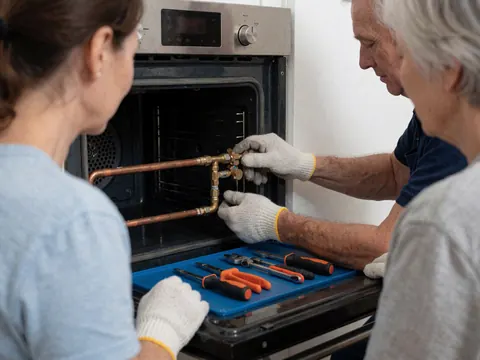 Un technicien en gants ajuste une vanne à gaz sur un four ouvert avec des outils posés sur un tapis bleu et des murs blancs.
