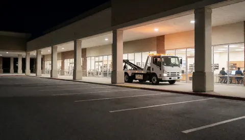 Un camion remorqueur blanc avec les feux allumés est garé sur l'asphalte d'un parking de centre commercial, prêt à intervenir.