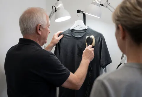 Un professionnel nettoie une tache sur un t-shirt sombre suspendu tandis qu'un client observe le processus dans un atelier de blanchisserie.