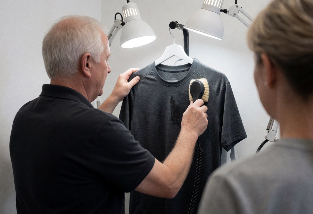 Un professionnel nettoie une tache sur un t-shirt sombre suspendu tandis qu'un client observe le processus dans un atelier de blanchisserie.