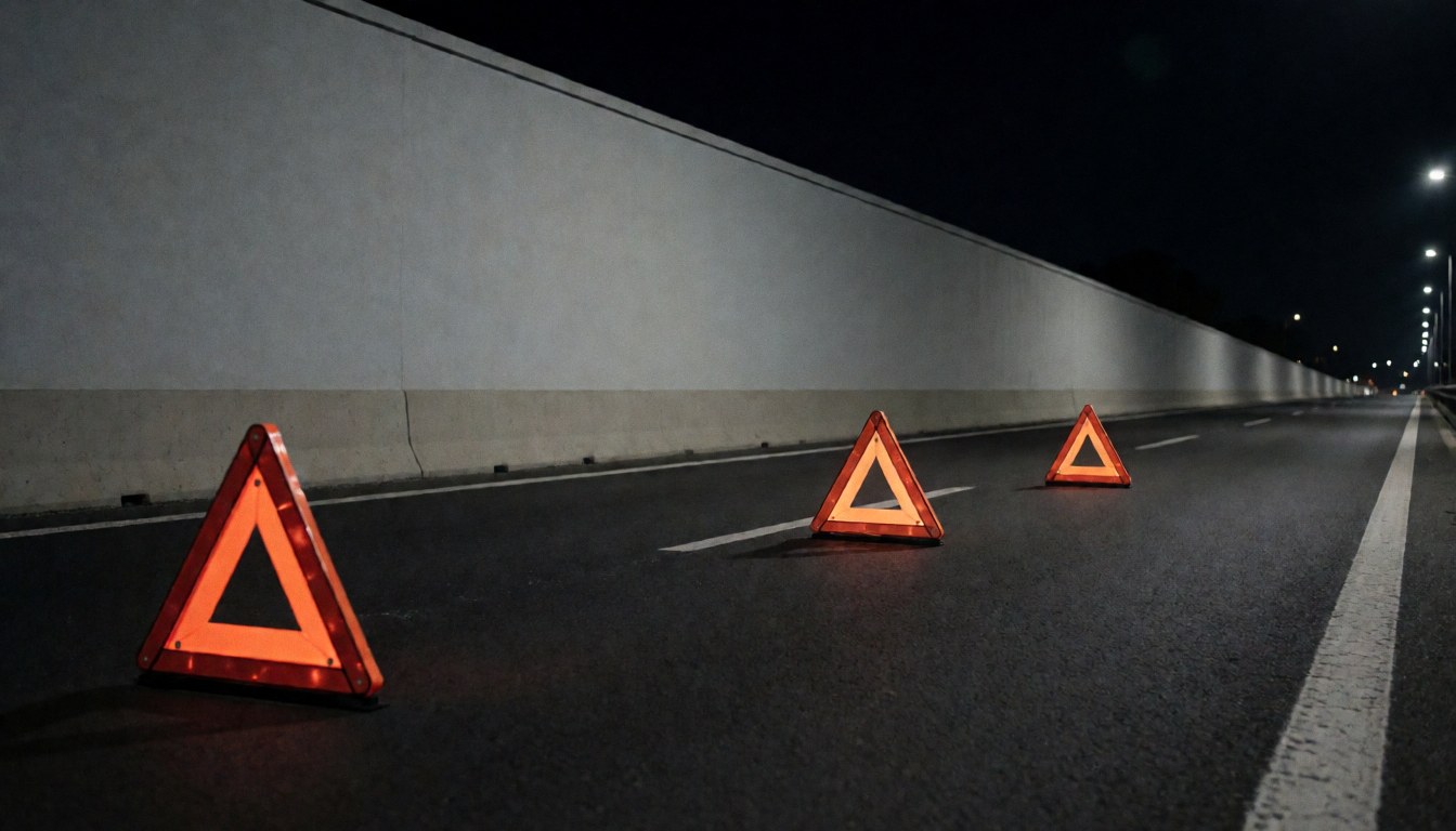 Trois triangles de signalisation orange posés sur une chaussée nocturne près d'un mur de soutènement, évoquant la sécurité routière et les services de dépannage.