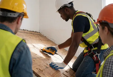 Un technicien utilise un appareil pour mesurer l'humidité sur une charpente en bois pendant qu'un chantier de toiture est en cours.