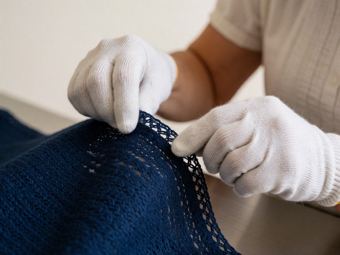 Des mains portant des gants blancs repassent délicatement le bord en dentelle d'un châle bleu foncé sur une surface métallique brillante dans une laverie.