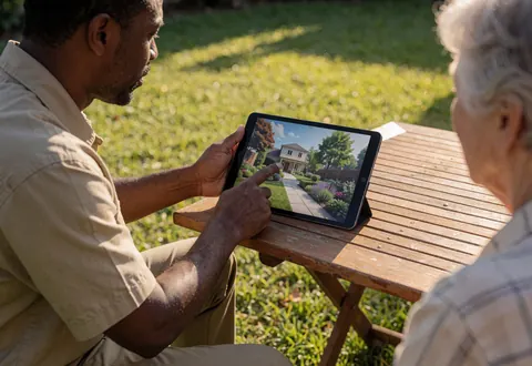 Un jardinier en uniforme kaki présente un design de jardin en 3D sur une tablette à un client âgé assis à une table en bois dans un jardin résidentiel.