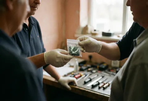 Un technicien en gants tend une pochette contenant un d-pad à un client dans un atelier de réparation éclairé par la lumière naturelle.