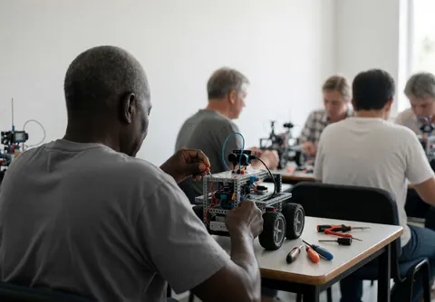 Un individu assemble un robot mobile dans un atelier avec des outils sur la table et des murs blancs.