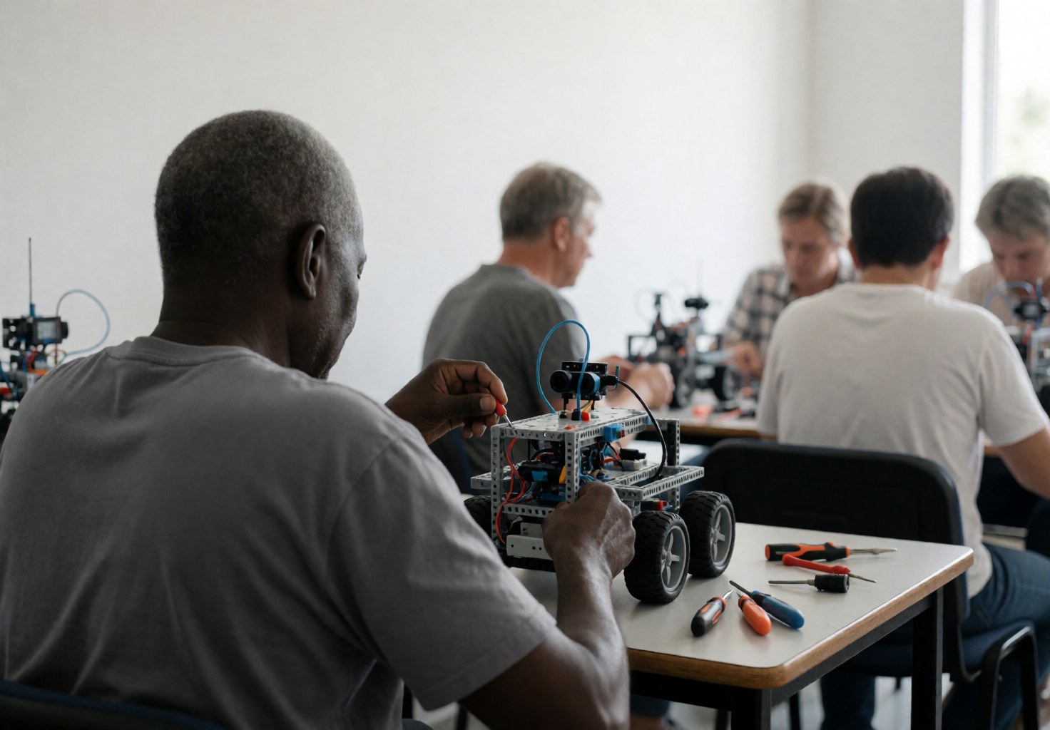 Un individu assemble un robot mobile dans un atelier avec des outils sur la table et des murs blancs.