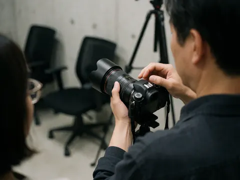Photographe ajuste la bague de mise au point d'un objectif professionnel dans un bureau moderne avec trépied et chaises en arrière-plan.