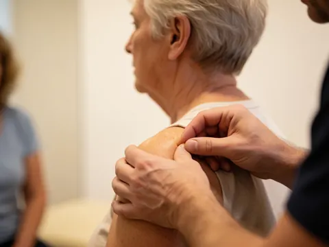 Un thérapeute en action réalise une pression manuelle sur l'épaule d'un client dans un cabinet médical aux murs blancs et à l'éclairage chaleureux.