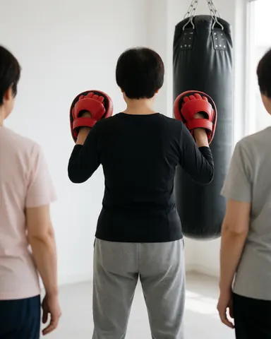 Instructrice de boxe tenant des gants rouges devant un sac de frappe, deux étudiants observent dans un gymnase aux murs blancs et à la lumière naturelle.