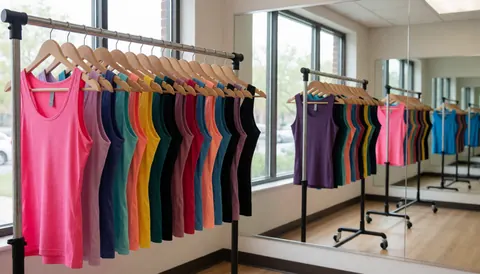 Un présentoir rempli de t-shirts de danse colorés est placé devant des fenêtres et des miroirs dans un studio moderne au sol en bois.