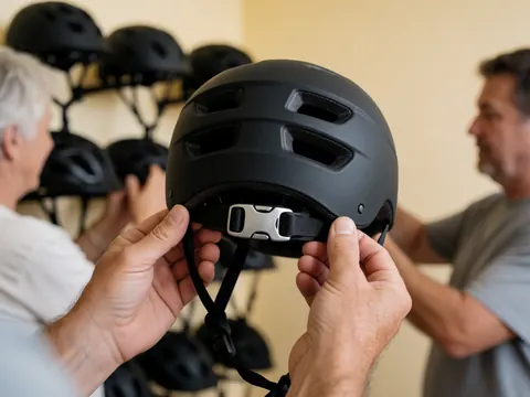 Casque de vélo noir doté d'une ventilation efficace et d'un fermoir argenté, posé dans un entrepôt d'équipement sportif aux murs beige clair.