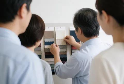 Un professionnel ajuste un échantillon de tissu devant des clients, sur fond blanc avec une lumière naturelle.