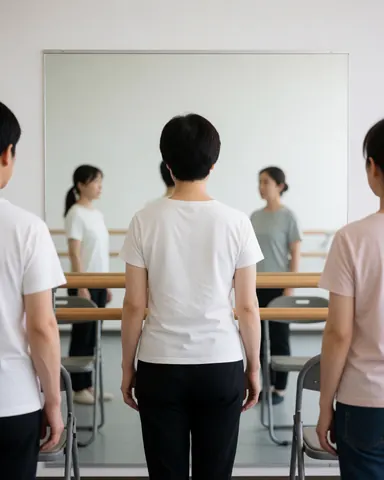 Vue arrière de deux participants devant un grand miroir avec barre de ballet et chaises pliables dans un espace lumineux.