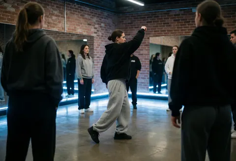 Pratique de mouvements de hip-hop dans un studio équipé de miroirs et d'un éclairage LED bleu sur un sol poli.