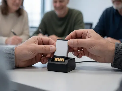 Des mains placent une batterie noire dans un chargeur sur une table blanche, avec des personnes floues en arrière-plan dans un bureau.
