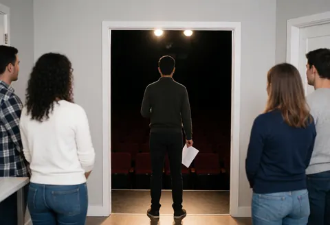 Un acteur de dos regarde l'auditoire avec des chaises rouges, entouré d'un groupe observant un atelier de théâtre en action.