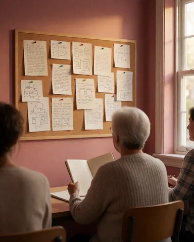 Atelier de théâtre avec des étudiants lisant des scénarios sur un tableau en bois, mur rose et lumière naturelle de fenêtre.