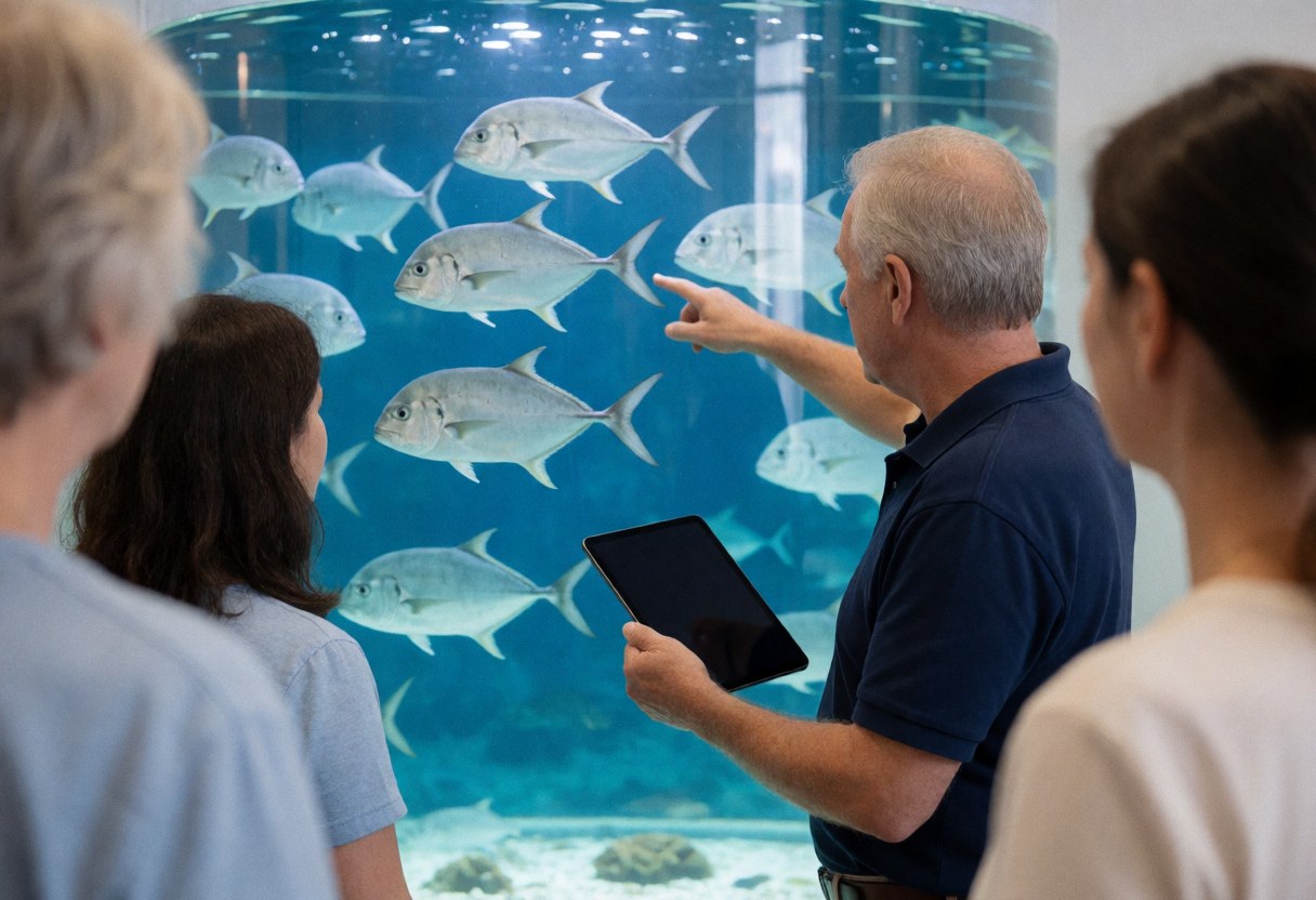 Un éducateur en aquarium utilise une tablette pour montrer un trevally à un groupe de visiteurs attentifs.