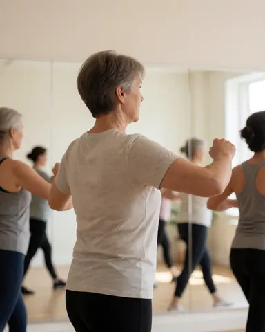 Une femme adulte en tenue de sport effectue des mouvements de bras lors d'un cours de danse dans un studio éclairé par la lumière naturelle.