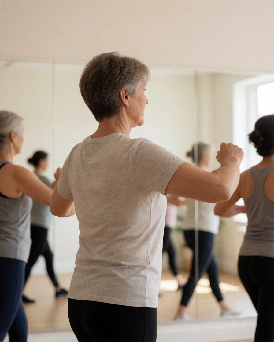 Une femme adulte en tenue de sport effectue des mouvements de bras lors d'un cours de danse dans un studio éclairé par la lumière naturelle.
