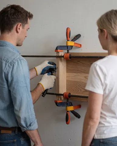 Un menuisier portant des gants applique de la colle sur une jonction en bois tandis qu'un client observe. Des outils et des pinces sont visibles.