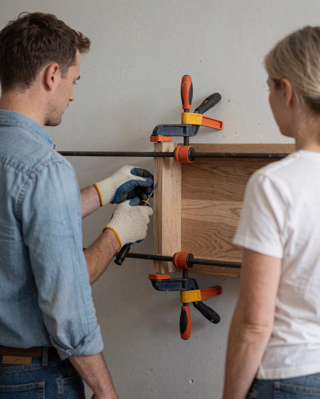 Un menuisier portant des gants applique de la colle sur une jonction en bois tandis qu'un client observe. Des outils et des pinces sont visibles.