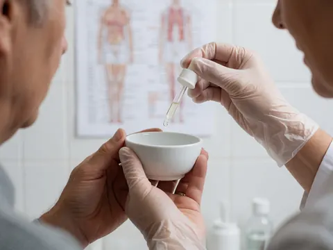 Professionnel portant un gant verse une goutte de solution dans un bol blanc devant un panneau anatomique dans une clinique.