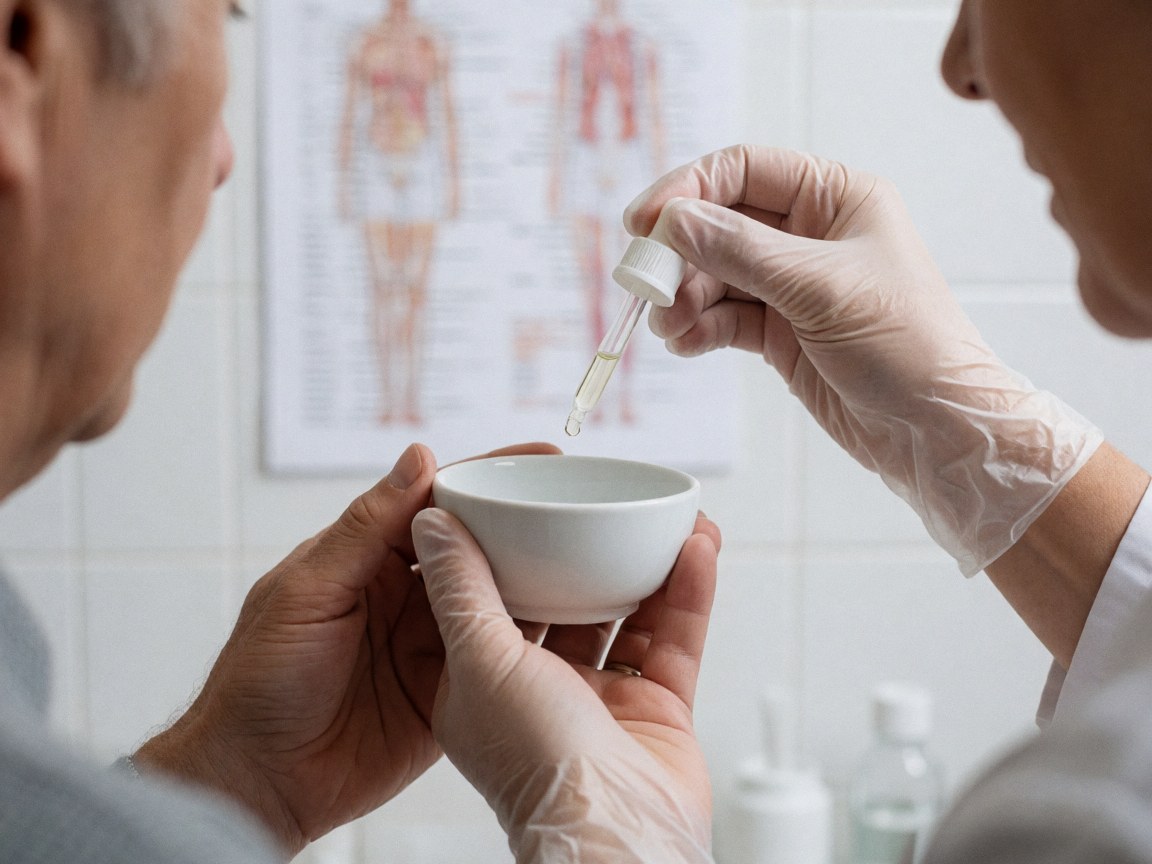 Professionnel portant un gant verse une goutte de solution dans un bol blanc devant un panneau anatomique dans une clinique.