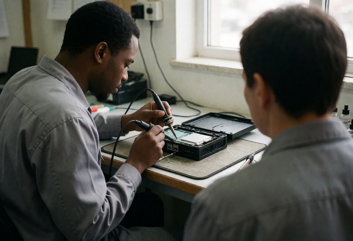 Technicien effectuant une réparation de console à l'aide d'un fer à souder dans un atelier baigné de lumière naturelle, illustrant un service en cours.