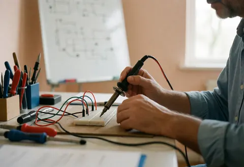 Un technicien soude un composant sur une carte électronique dans un atelier de robotique, entouré d'outils et de diagrammes affichés sur un tableau blanc.