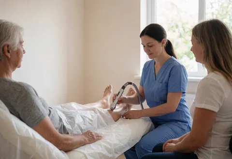 Un professionnel en uniforme bleu effectue une épilation laser sur la jambe d'un client allongé sur une table dans une clinique aux murs beiges.