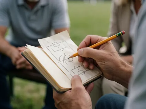 Une main adulte trace un diagramme tactique sur un terrain de football tandis que des joueurs sont assis en arrière-plan.