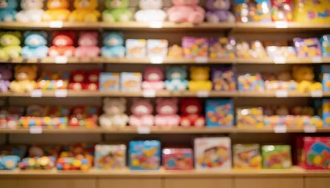 Arrière-plan de magasin de jouets avec des étagères remplies de figurines et de boîtes cadeaux, éclairage chaleureux, idéal pour texte au centre d'une zone de divertissement.