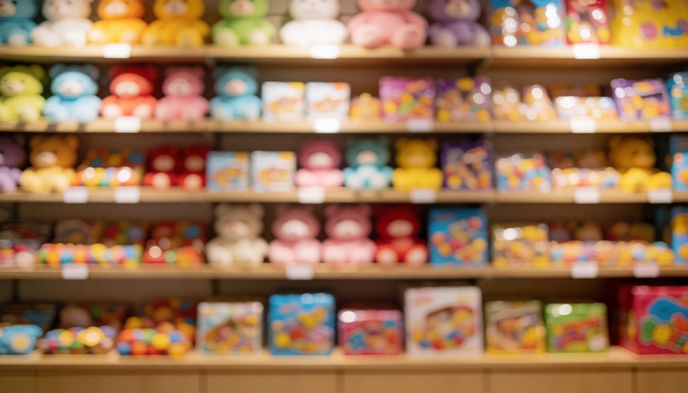 Arrière-plan de magasin de jouets avec des étagères remplies de figurines et de boîtes cadeaux, éclairage chaleureux, idéal pour texte au centre d'une zone de divertissement.
