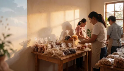 Trois personnes travaillent dans une boutique de fête avec des tables en bois remplies de produits emballés sous la lumière du coucher de soleil.