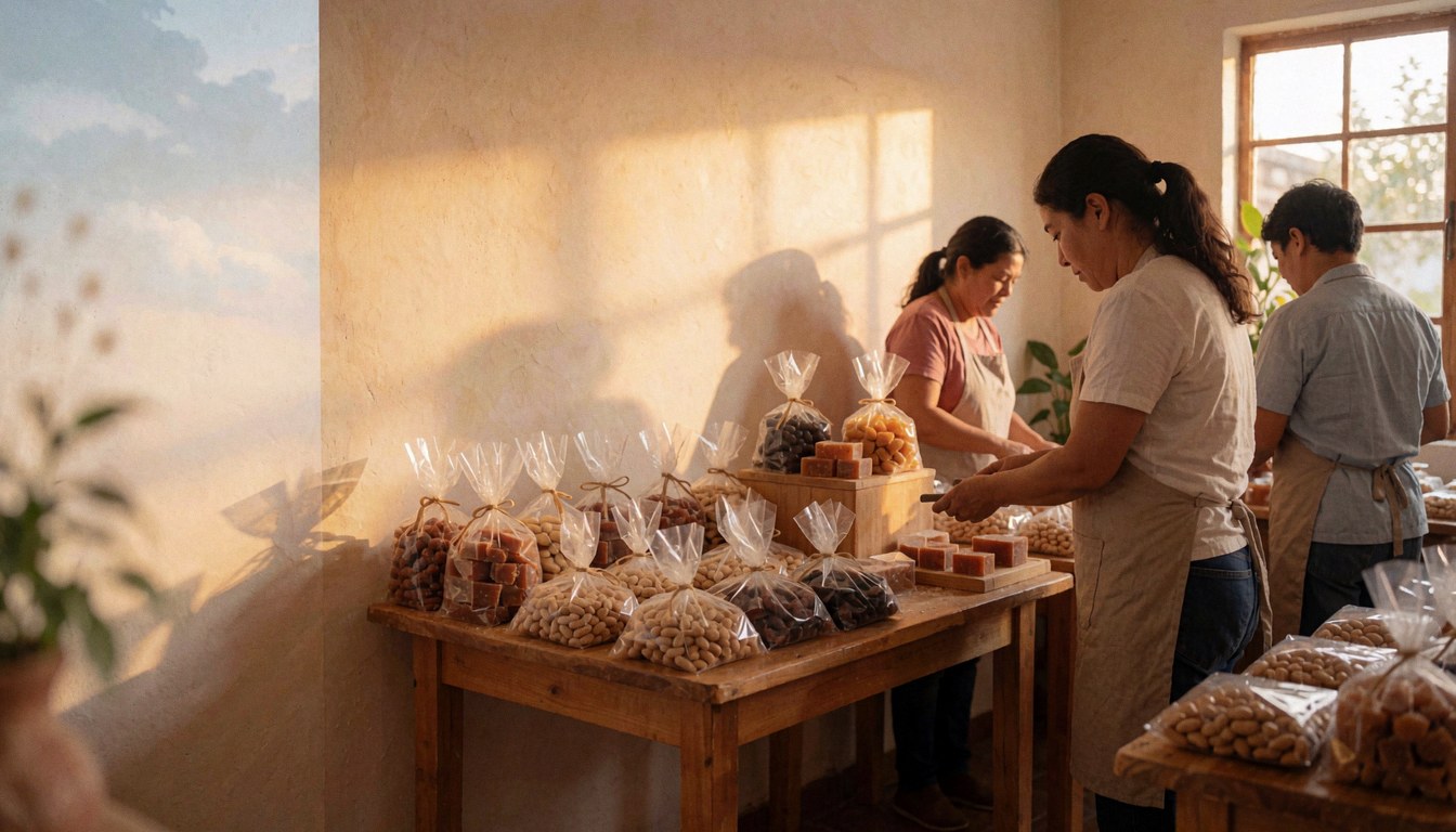 Trois personnes travaillent dans une boutique de fête avec des tables en bois remplies de produits emballés sous la lumière du coucher de soleil.