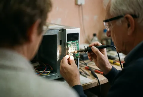Un technicien portant des lunettes de sécurité effectue une soudure sur une carte de circuit à l'intérieur d'un micro-ondes ouvert dans un atelier de réparation.