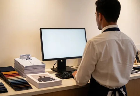 Un employé de l'impression textile travaille sur un ordinateur, entouré d'échantillons de tissu et de chemises imprimées sur un bureau bien éclairé.