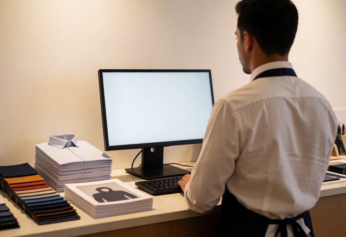 Un employé de l'impression textile travaille sur un ordinateur, entouré d'échantillons de tissu et de chemises imprimées sur un bureau bien éclairé.
