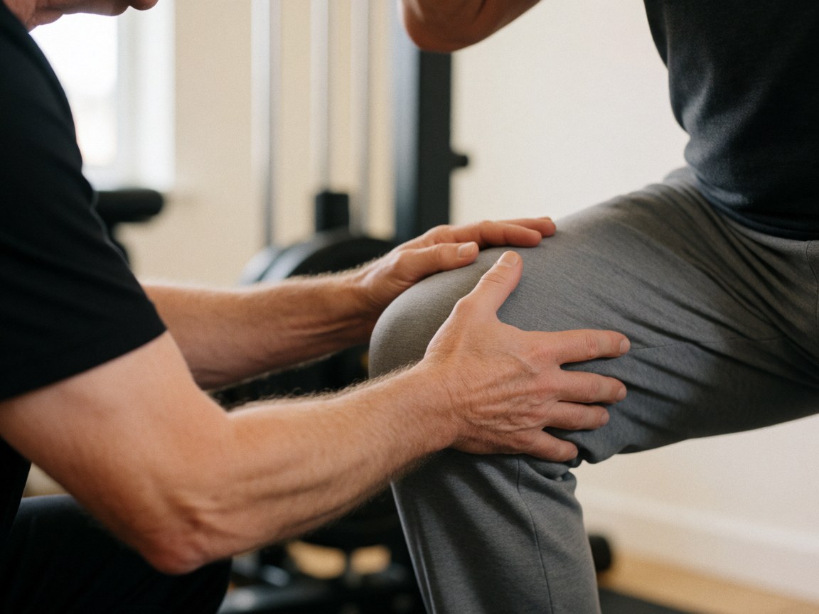 Un coach crossfit ajuste la position du genou d'un client en squat dans un gymnase avec du matériel sportif en arrière-plan.