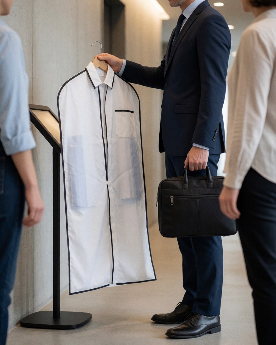 Un homme portant un costume tient une housse protectrice contenant du linge propre dans le couloir d'un établissement moderne.